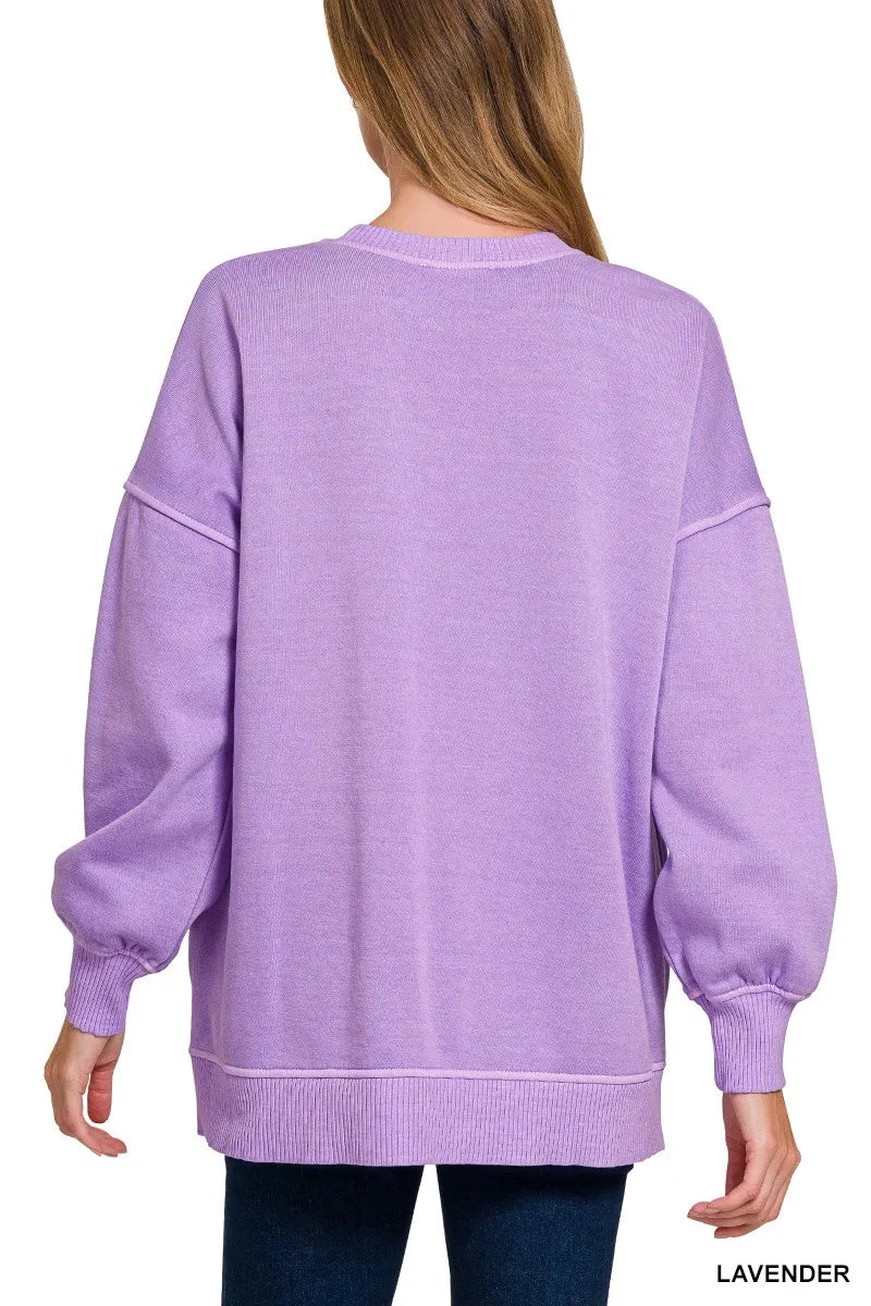Zenana Lavender Pigment Dye Fleece Hi-low Hem Sweatshirt With Pocket