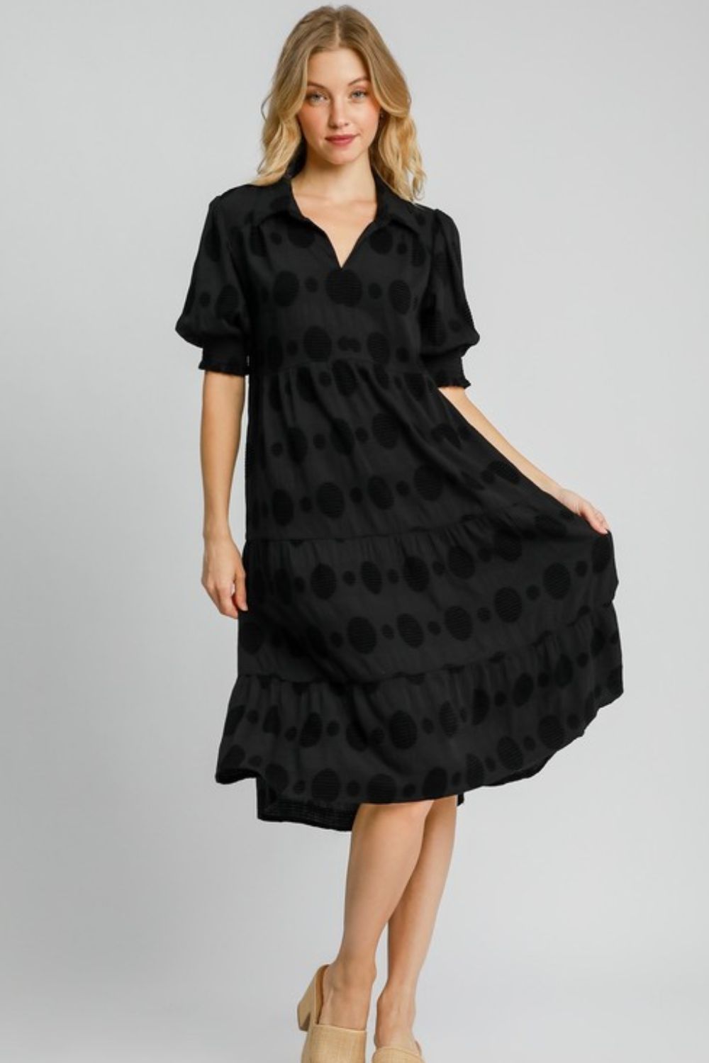 Umgee Black Swiss Dot Short Sleeve Jacquard Tiered Midi Dress Black