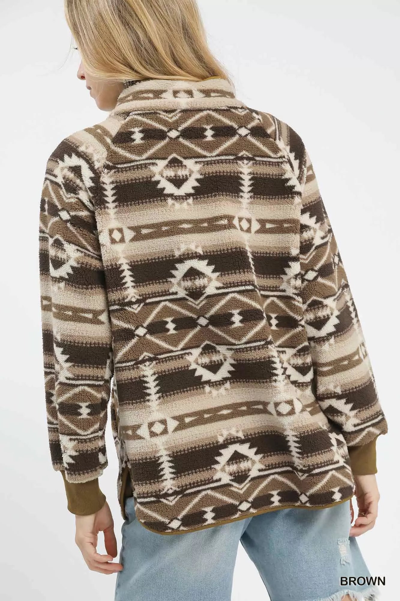 Umgee Brown Aztec Print Sherpa Pullover