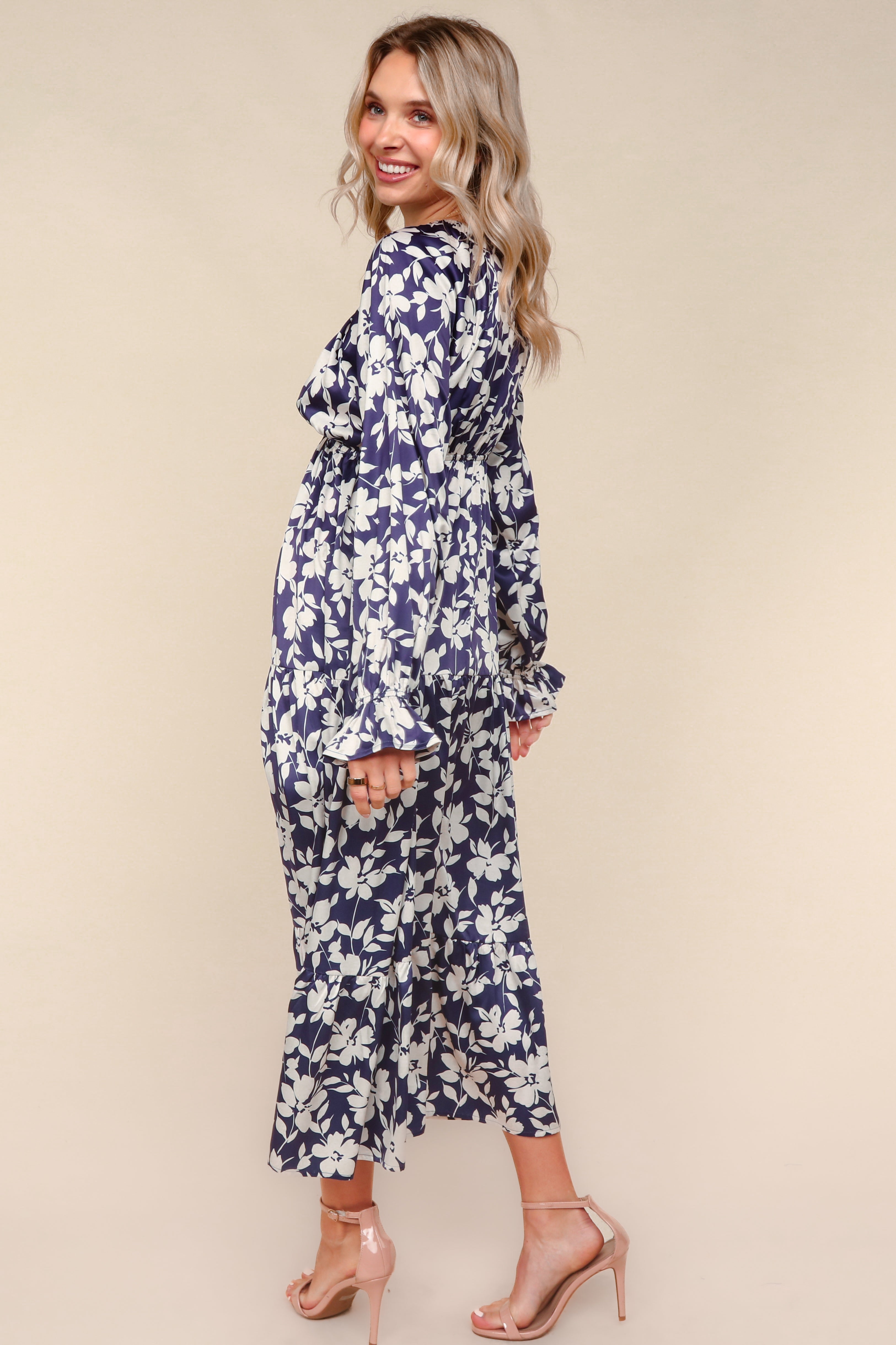 Haptics Navy Satin Floral Tiered Babydoll Maxi Dress