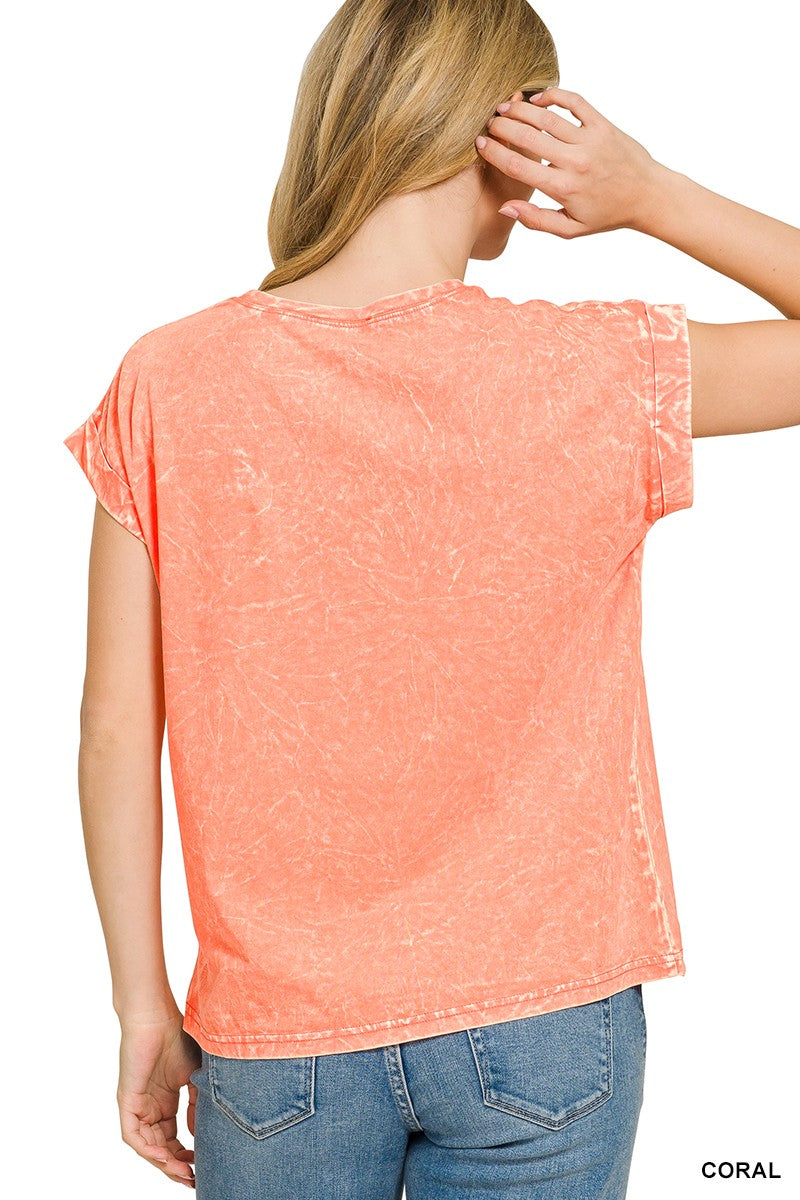 Zenana Coral Crinkle Washed Round Neck Folded Short Sleeve Tee