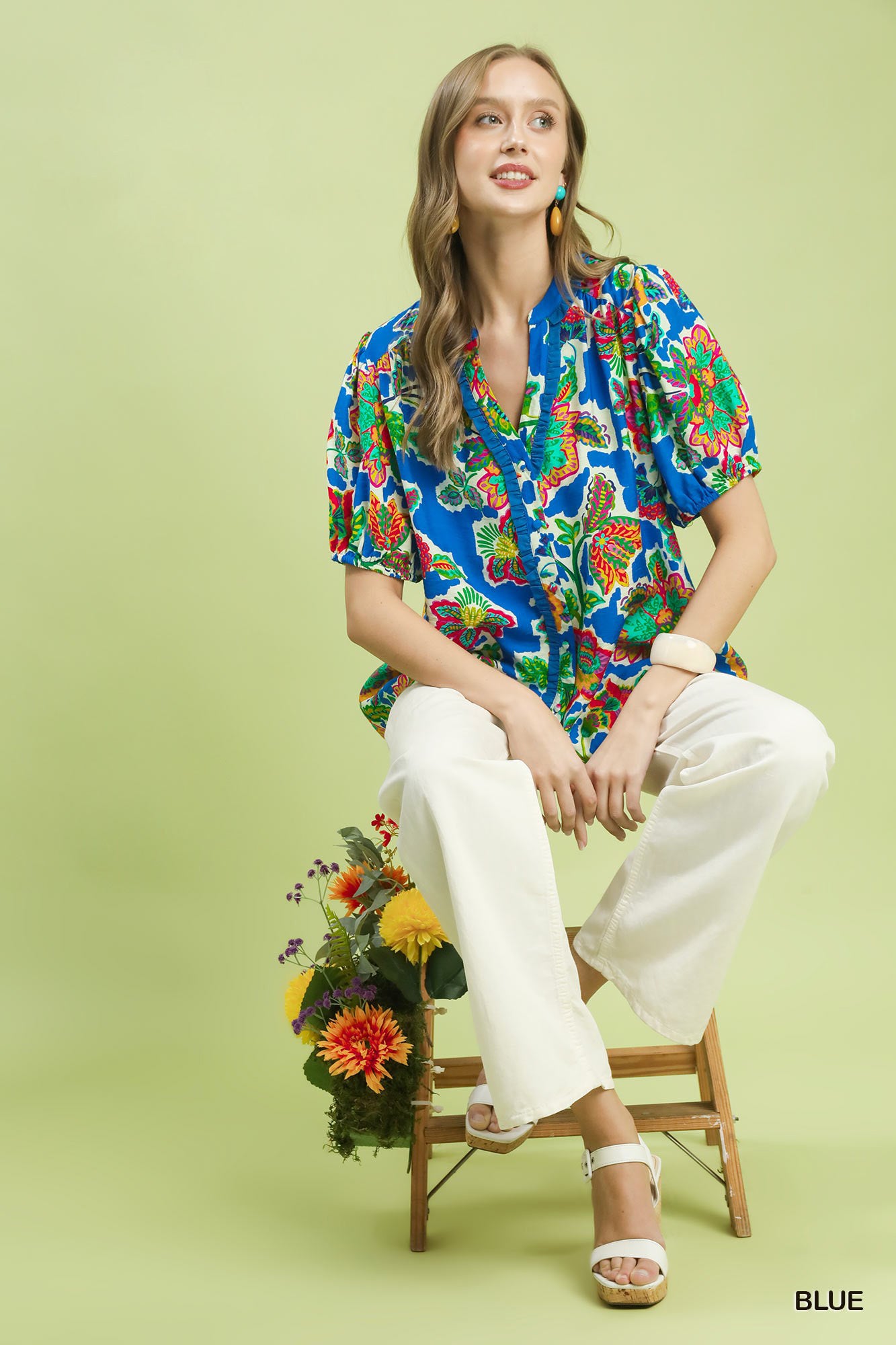 Umgee Blue Floral Contrast-Trim Boho Blouse