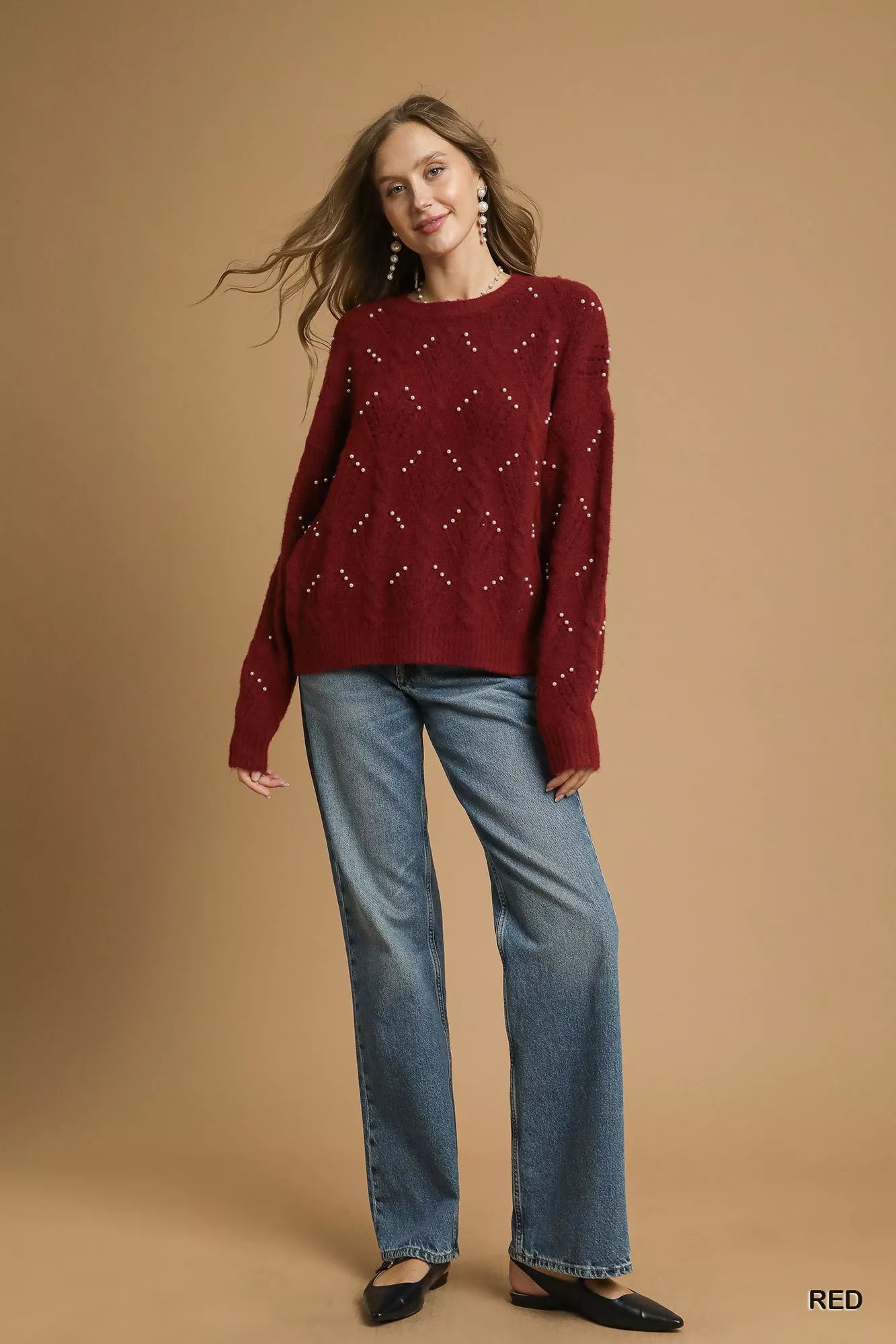 Umgee Red Pearl-Embellished Long Sleeve Sweater