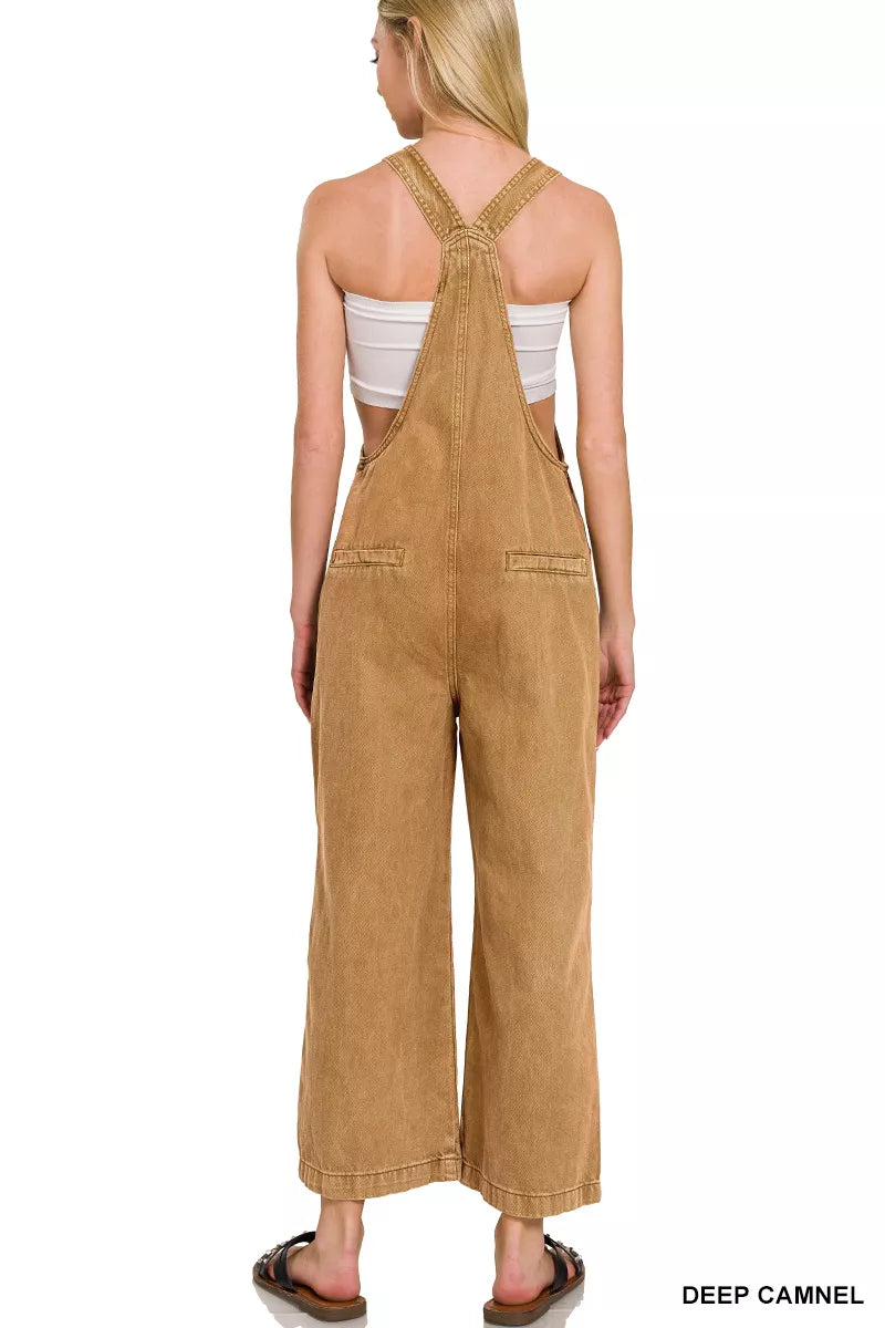 Zenana Deep Camel Washed Knot Strap Pockets Jumpsuit