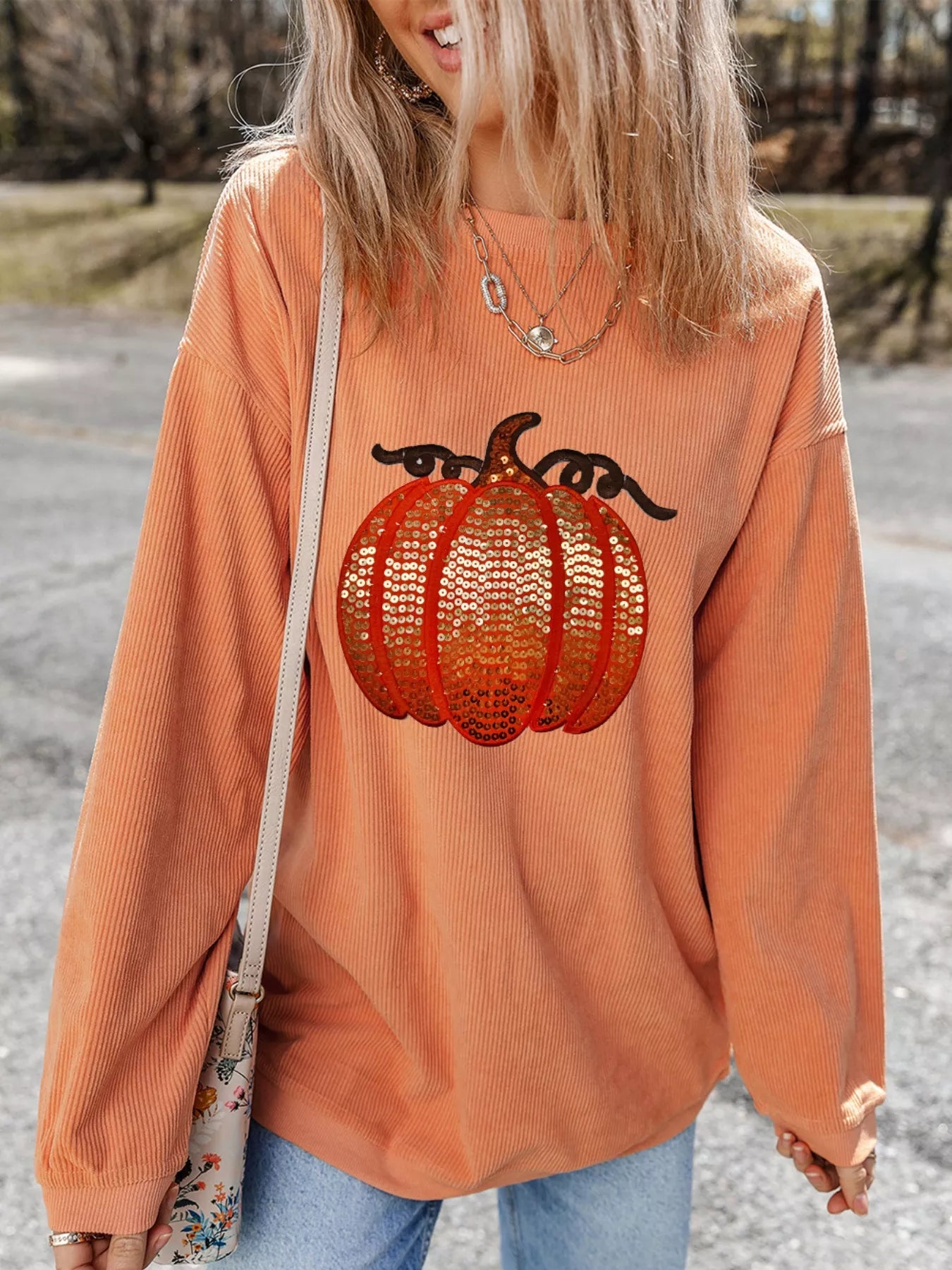 Preorder: Tangerine Halloween Sequined Pumpkin Ribbed Round Neck Sweatshirt
