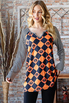 Heimish Pumpkin Checkered Contrast Striped Long Sleeve T-Shirt