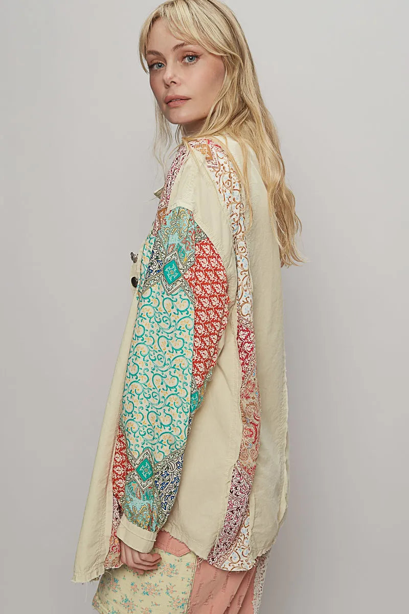 POL Beige Mixed Printed Button Up Long Sleeve Oversized Shirt