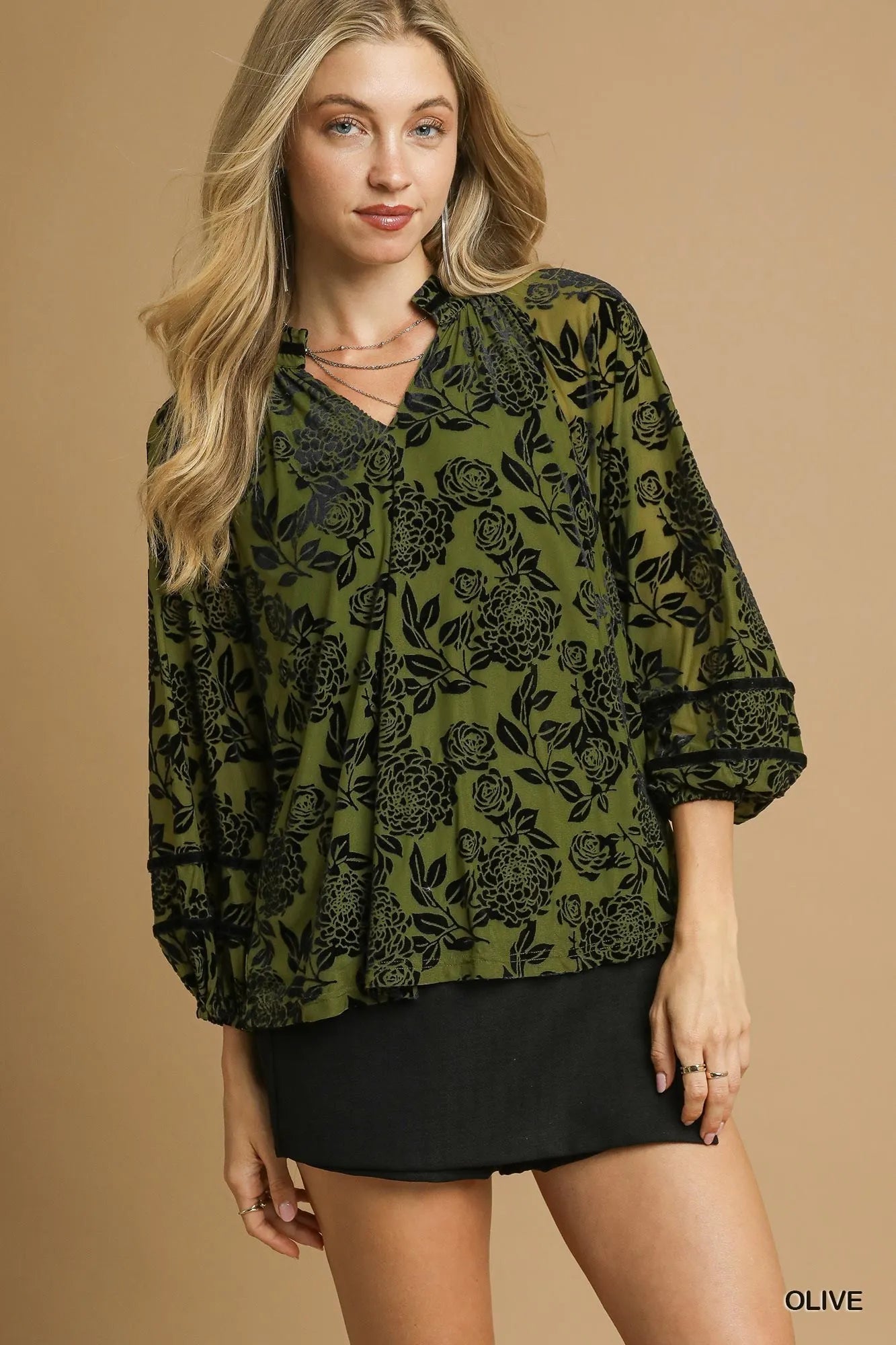 Umgee Olive Floral Velvet Burnout Blouse with Balloon Sleeves Olive