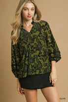 Umgee Olive Floral Velvet Burnout Blouse with Balloon Sleeves Olive