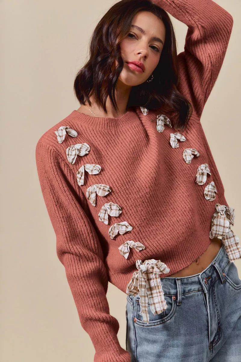 SO ME Rust Checkered Plaid Tape Lace Up Ribbed Sweater