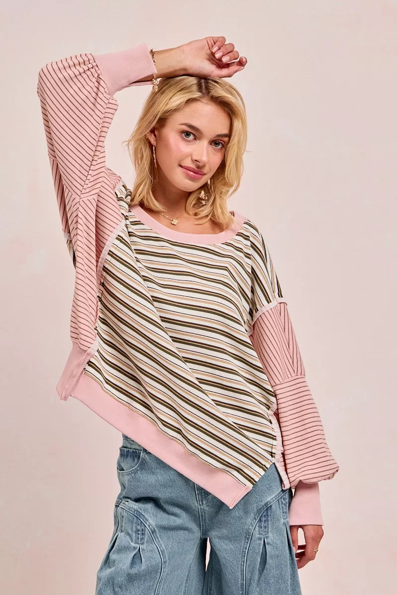 BiBi Oatmeal & Pink Stripe Mixed Top With Cut Edge And Reverse Outseams