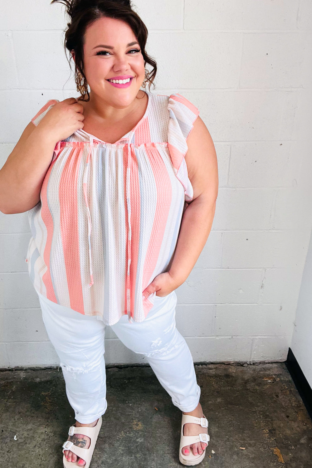 Sugarfox Coral & Light Blue Stripe Waffle Tie Neck Top