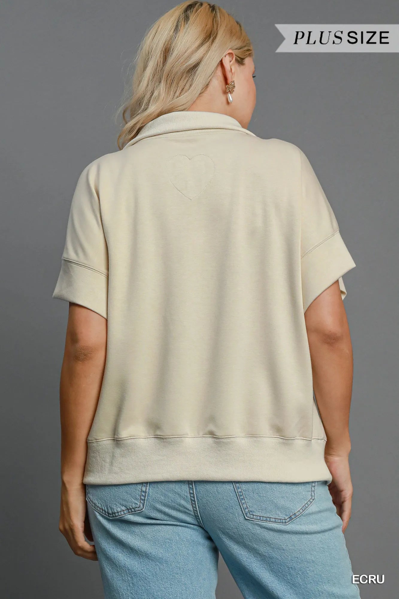 Umgee Ecru Half-Zip Short Sleeve Top