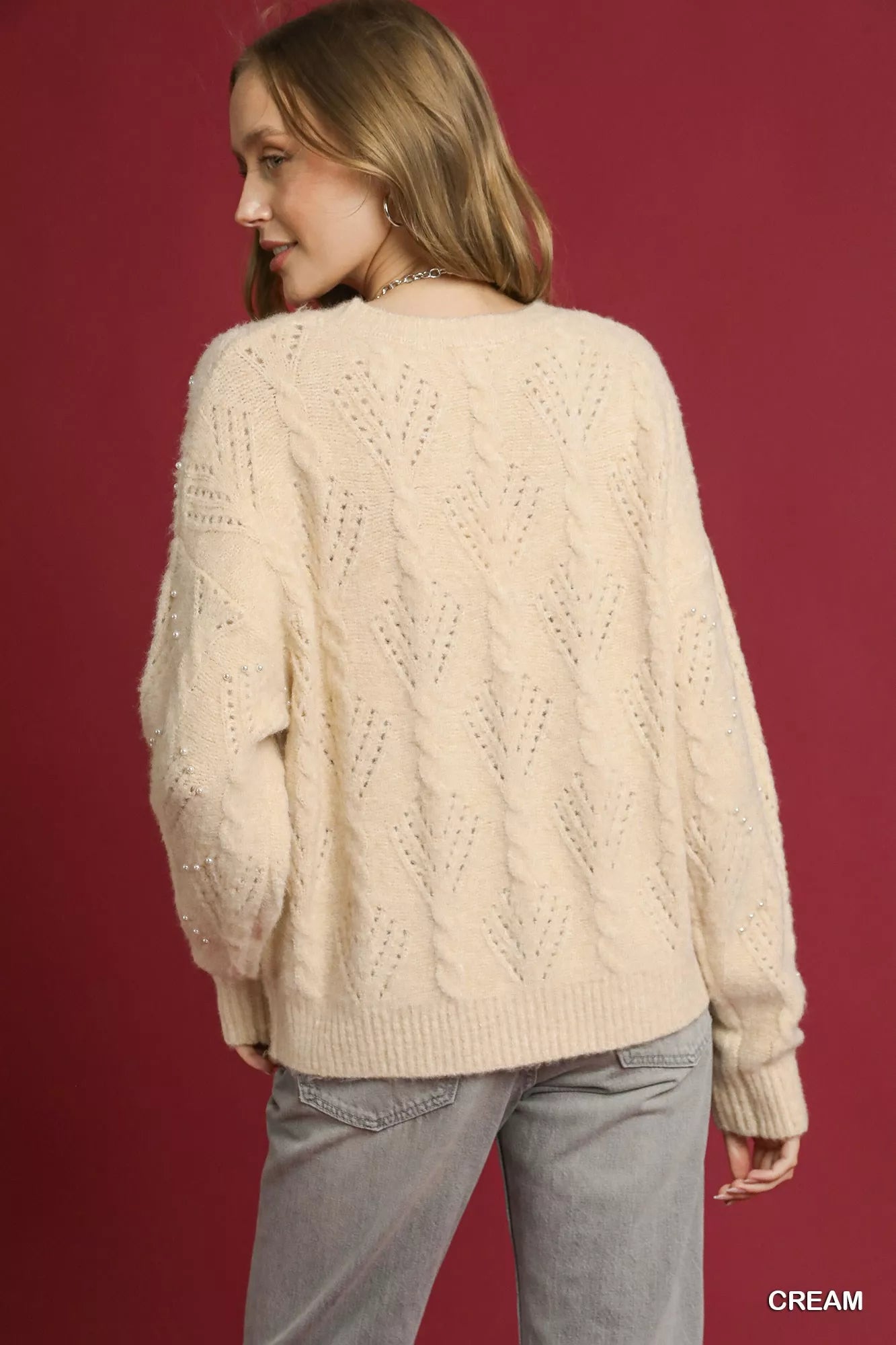 Umgee Cream Pearl-Embellished Long Sleeve Sweater