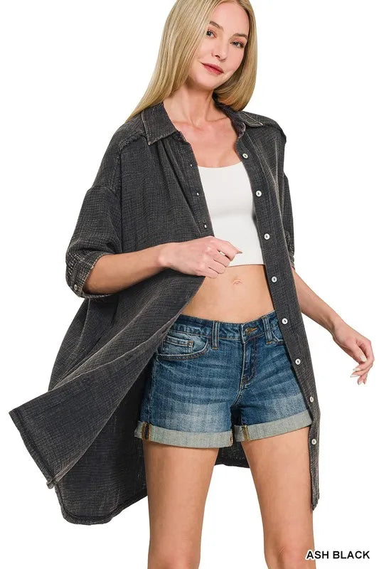 Zenana Ash Black Washed Double Gauze Button Down Shirt Dress