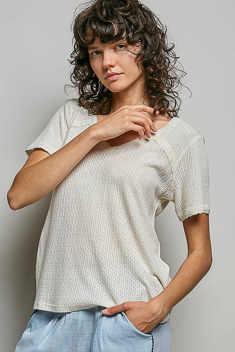 POL Natural Lace Detail V-Neck Short Sleeve Textured T-Shirt NATURAL