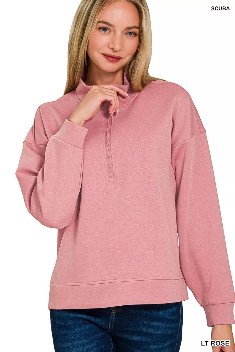 Zenana Light Rose Scuba Half Zip Pullover and Jogger Set