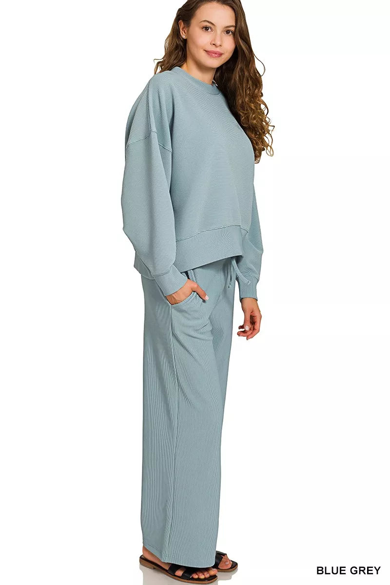 Zenana Blue Gray Ribbed Round Neck Pullover and Drawstring Pants Set