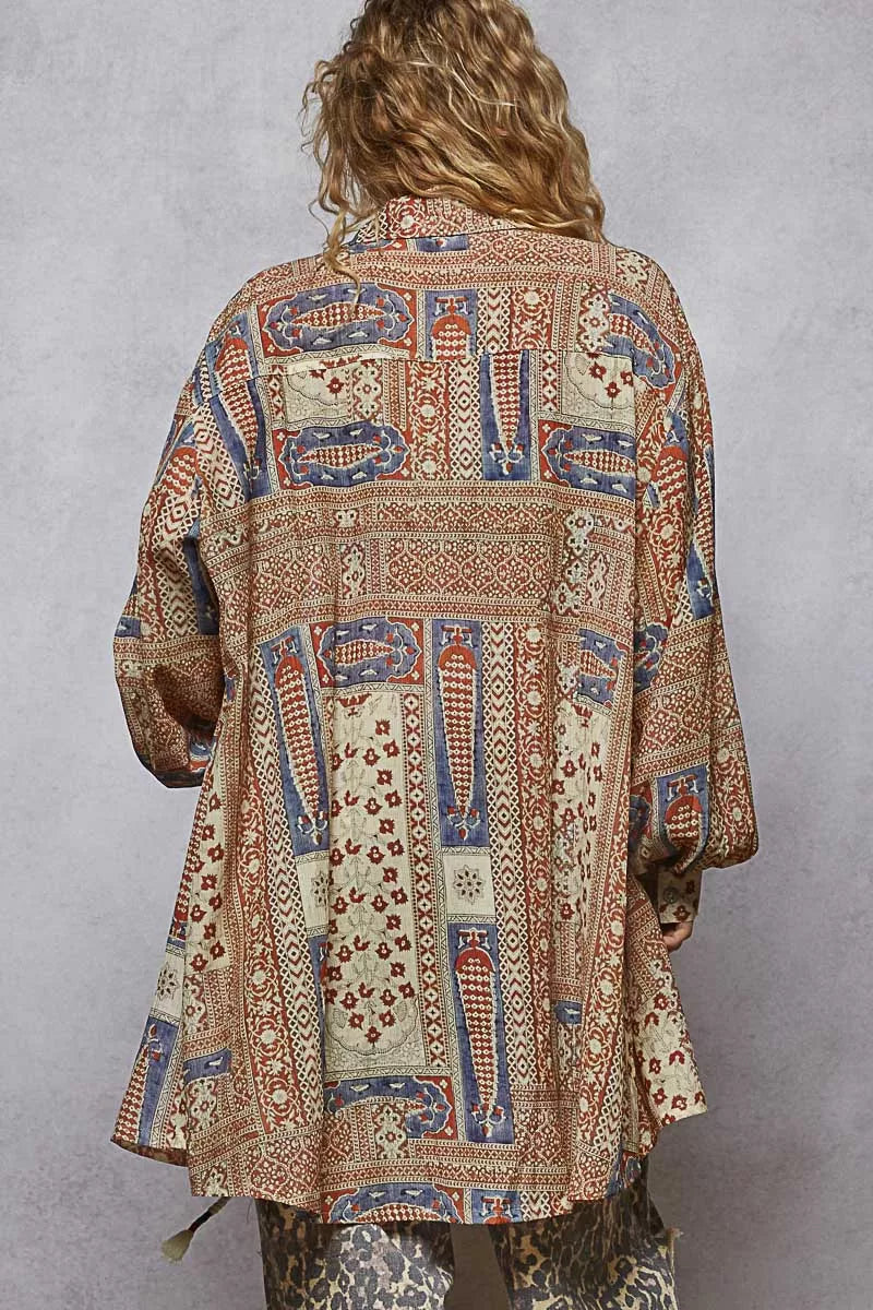 POL Boho Printed Button Down Balloon Sleeve Oversized Shirt