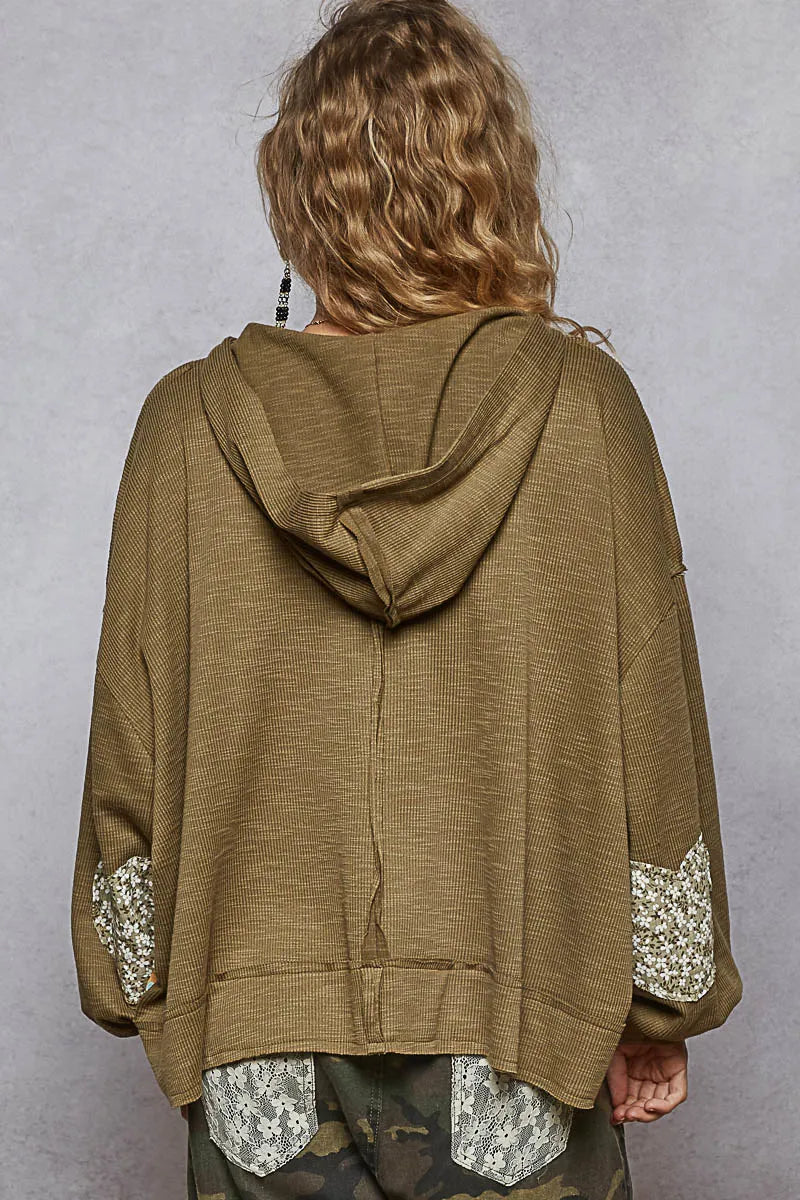 POL Olive Peace Contrast Patch Floral Long Sleeve Hoodie