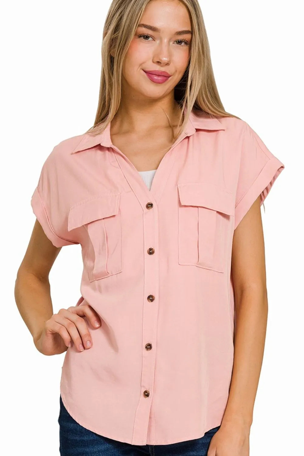 Zenana Light Rose Tencel V-neck Collared Top W Front Flap Pockets