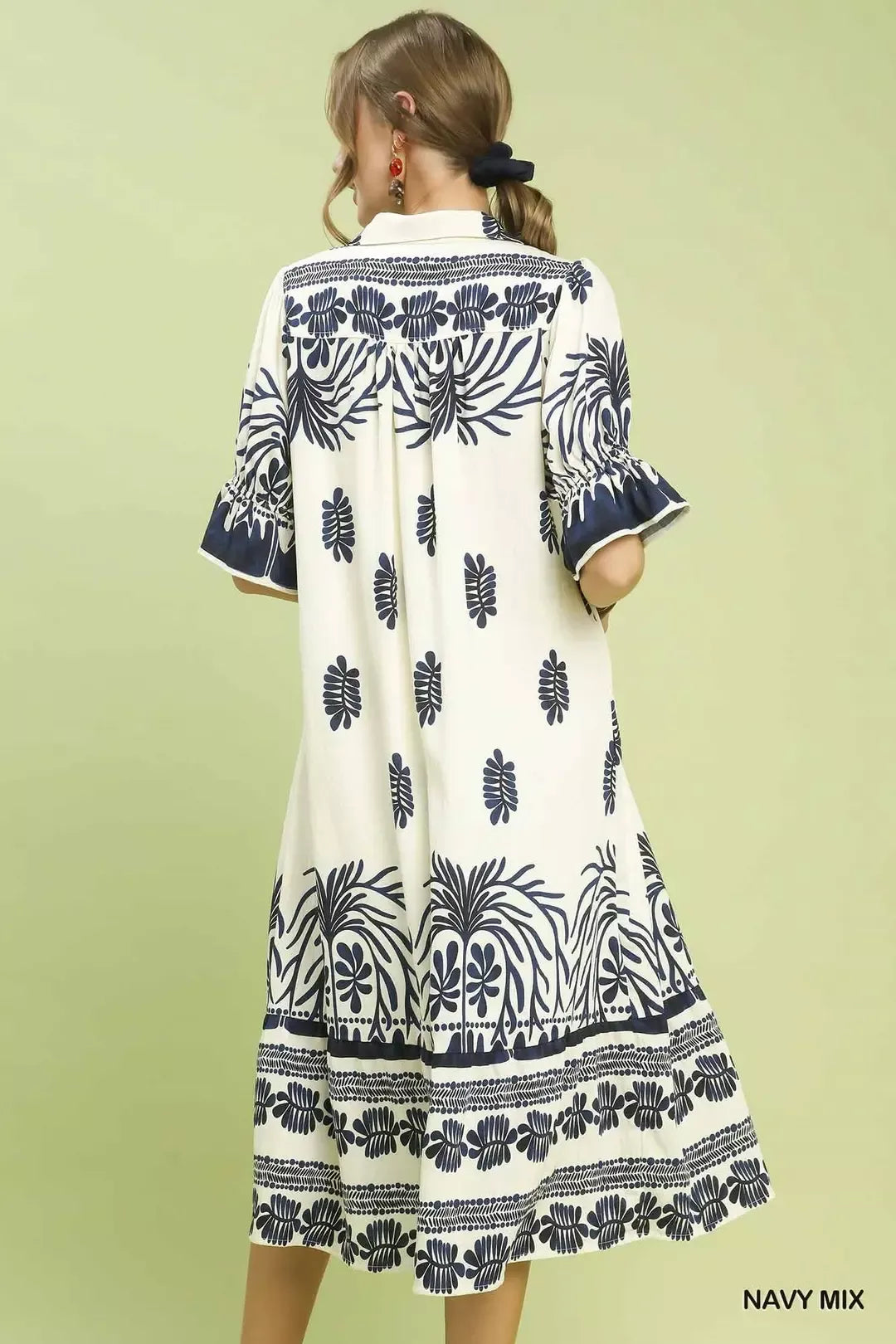 Umgee Navy Mix Border Print Midi Dress with Puff Sleeves