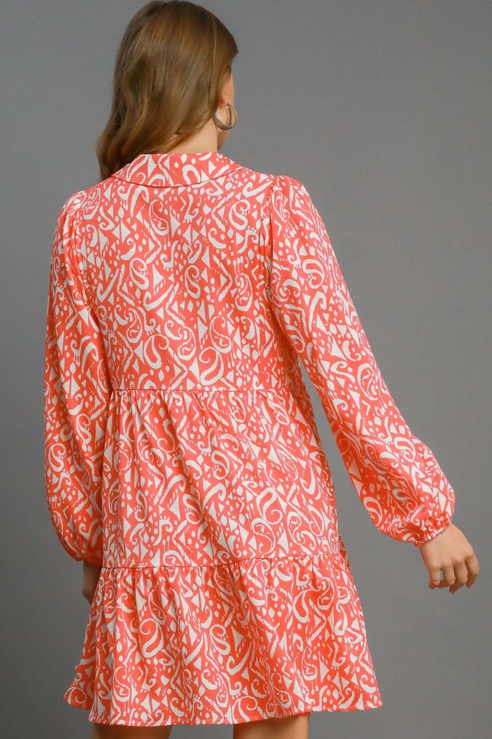 Umgee Coral Two Tone Print Balloon Sleeve Tiered Dress