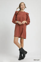 Umgee Red Clay Linen Ruffle Shoulder Pleated Babydoll Dress