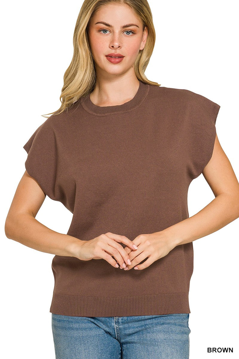 Zenana Brown Viscose Round-neck Short Sleeve Sweater BROWN