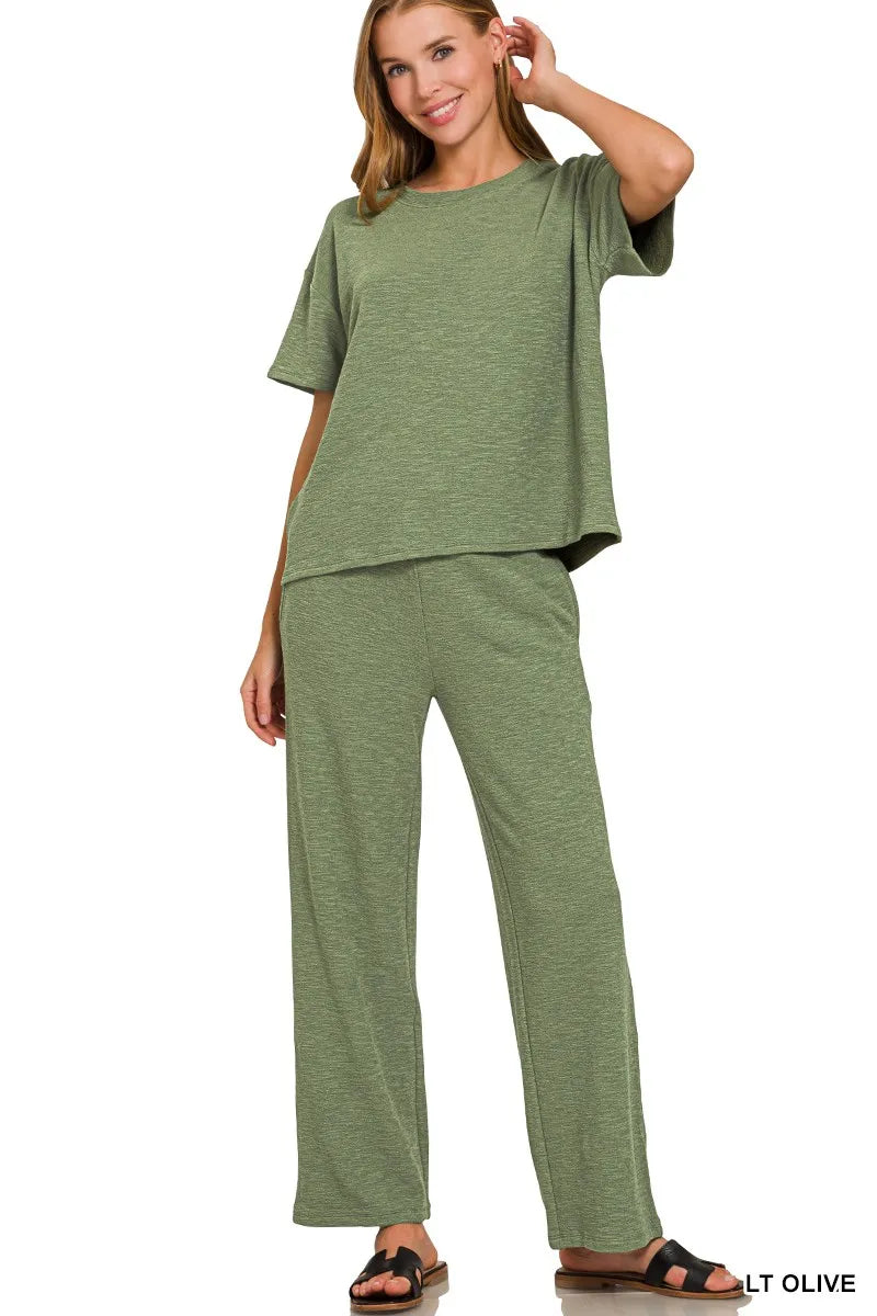 Zenana Light Olive Slub Short Sleeve T-Shirt and Pants Set