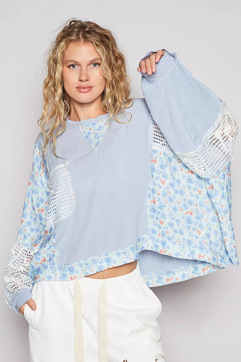 POL Sky Blue Round Neck Cropped Gauze Floral Pattern Top with Overlock Stitch Detail