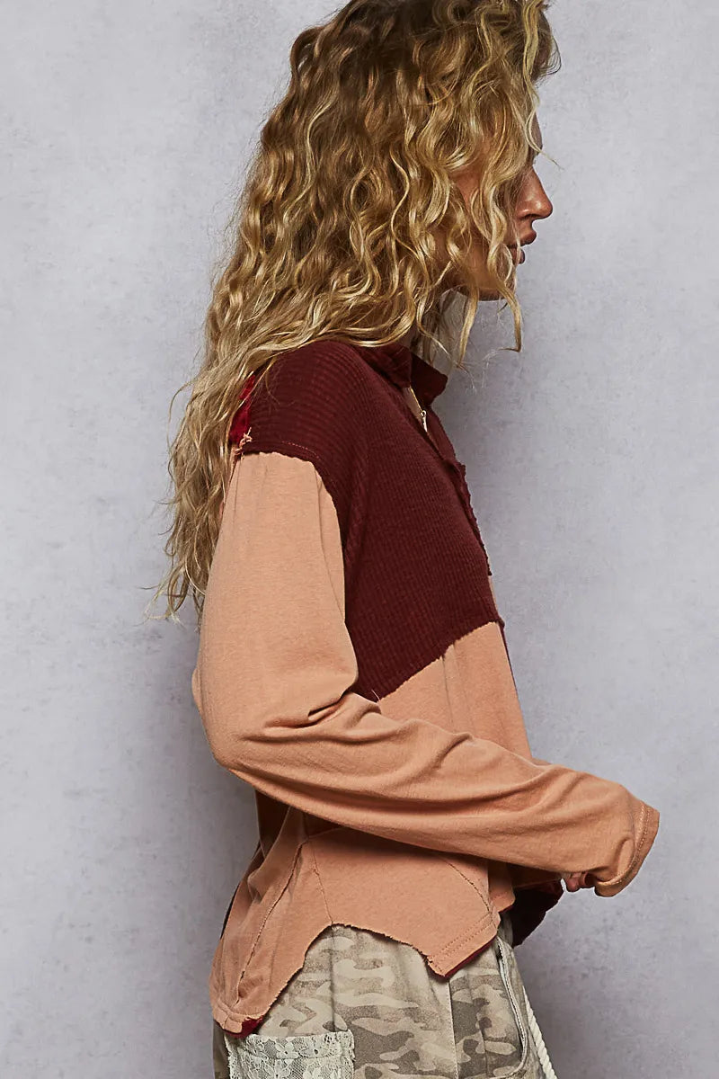 POL Burnt Coral Color Block Notched Long Sleeve T-Shirt