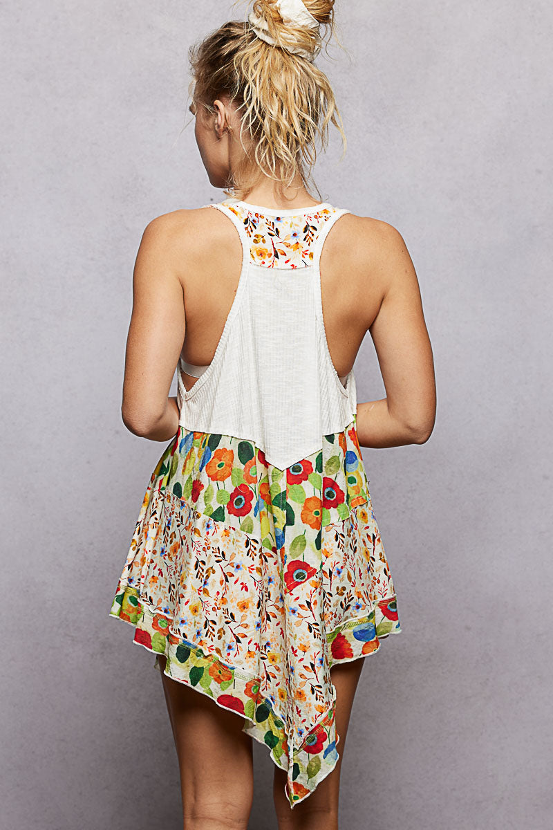 POL Off White Round Neck Ribbed Tank with Woven Print Patch
