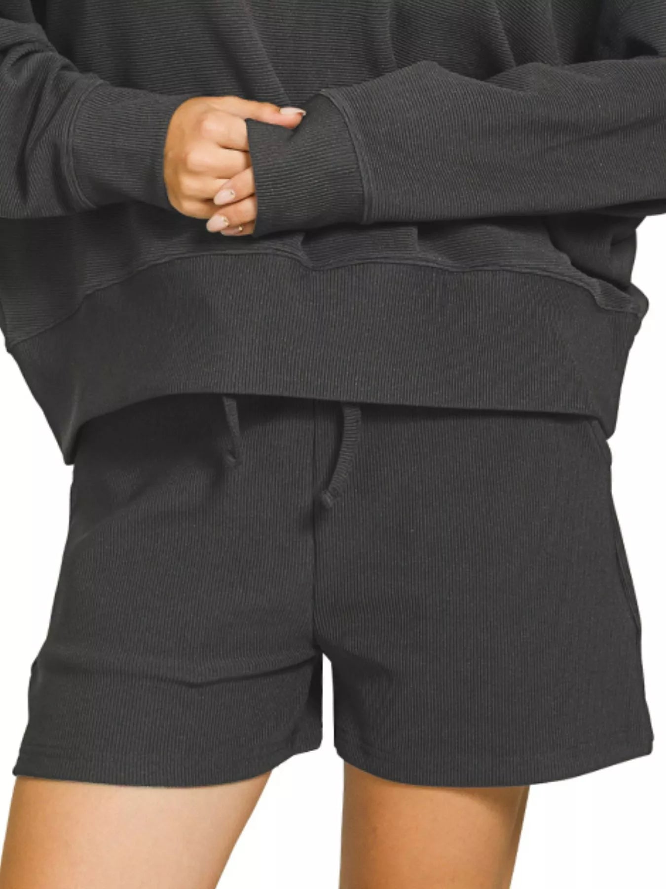 Zenana Black Ribbed Round Neck Pullover and Shorts Set