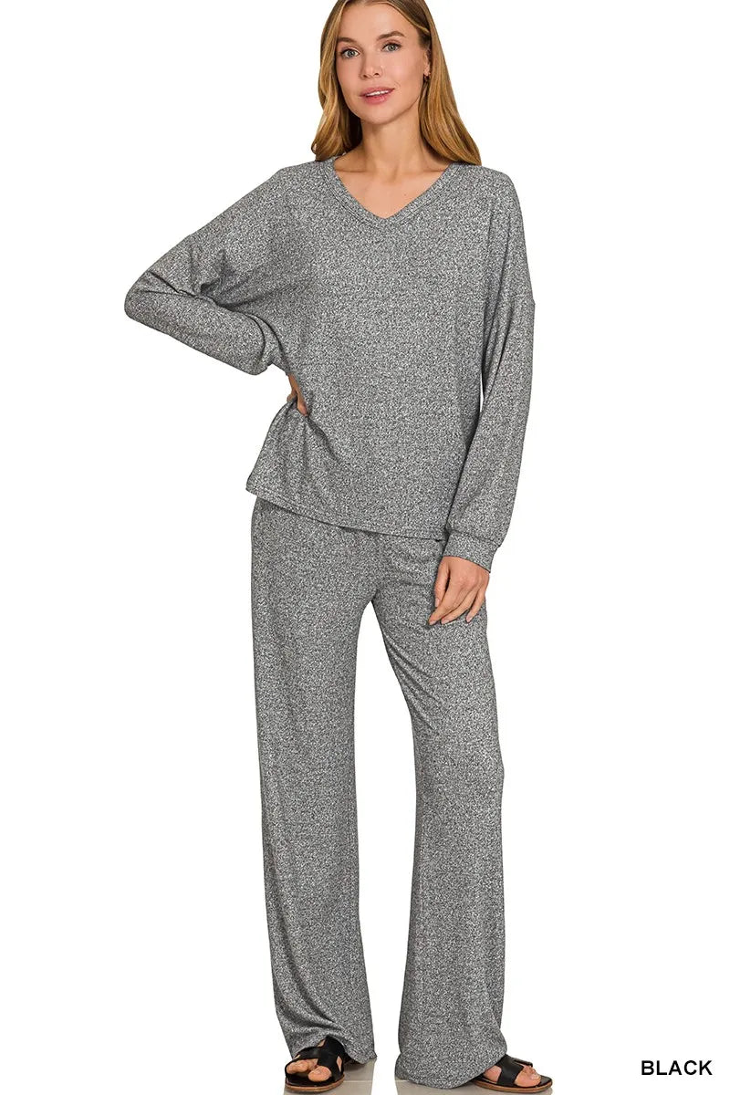 Zenana Black Soft Melange Long Sleeve Tee & Pants Set