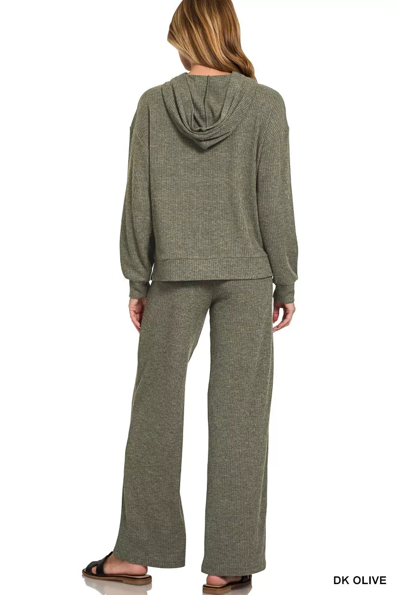 Zenana Olive Ribbed Long Sleeve Hoodie