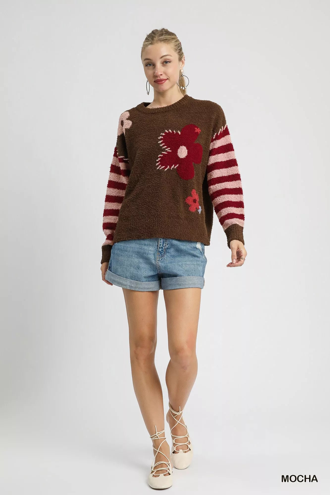 Umgee Mocha Flower Jacquard Striped Long Sleeve Sweater