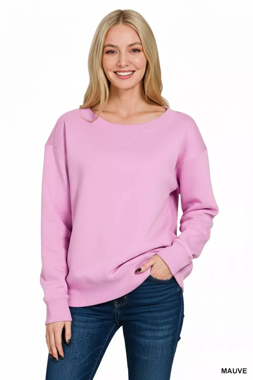 Zenana Mauve Fleece Boat Neck Sweatshirt