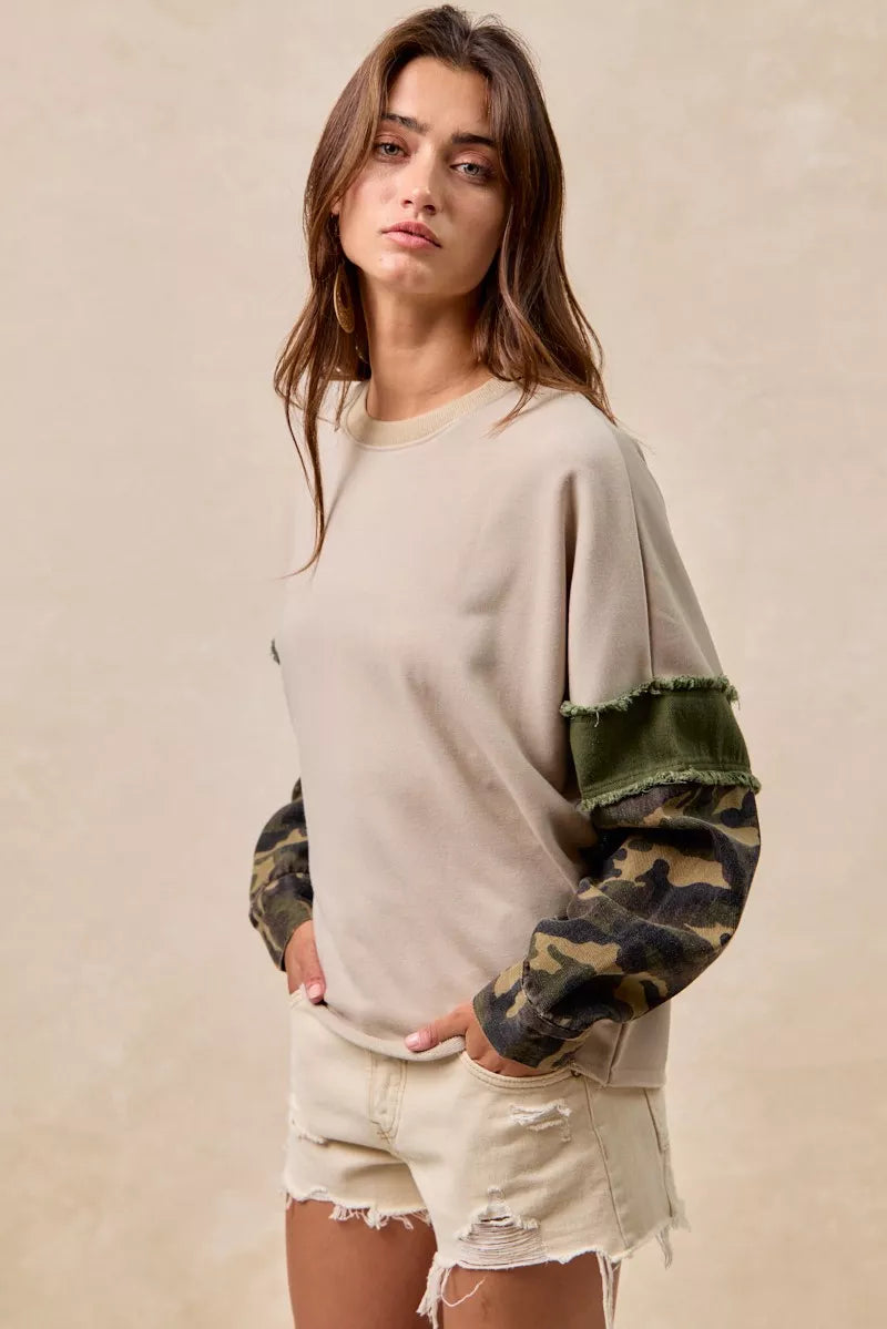 BiBi Taupe & Olive Camo Sleeve French Terry Top with Frayed Edge