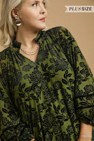 Umgee Olive Floral Velvet Burnout Blouse with Balloon Sleeves