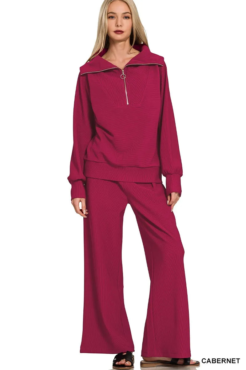 Zenana Carbernet Ribbed High Neck Half Zip Pullover & Pants Set