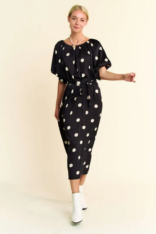 Davi & Dani Black Polka Dot Puff Sleeves Waist Tie Midi Dress