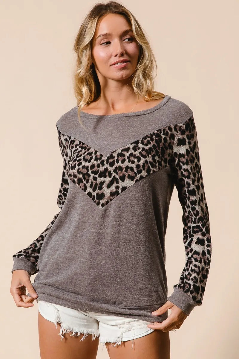 BiBi Mocha Sweater Knit Top With Leopard V Shape Block