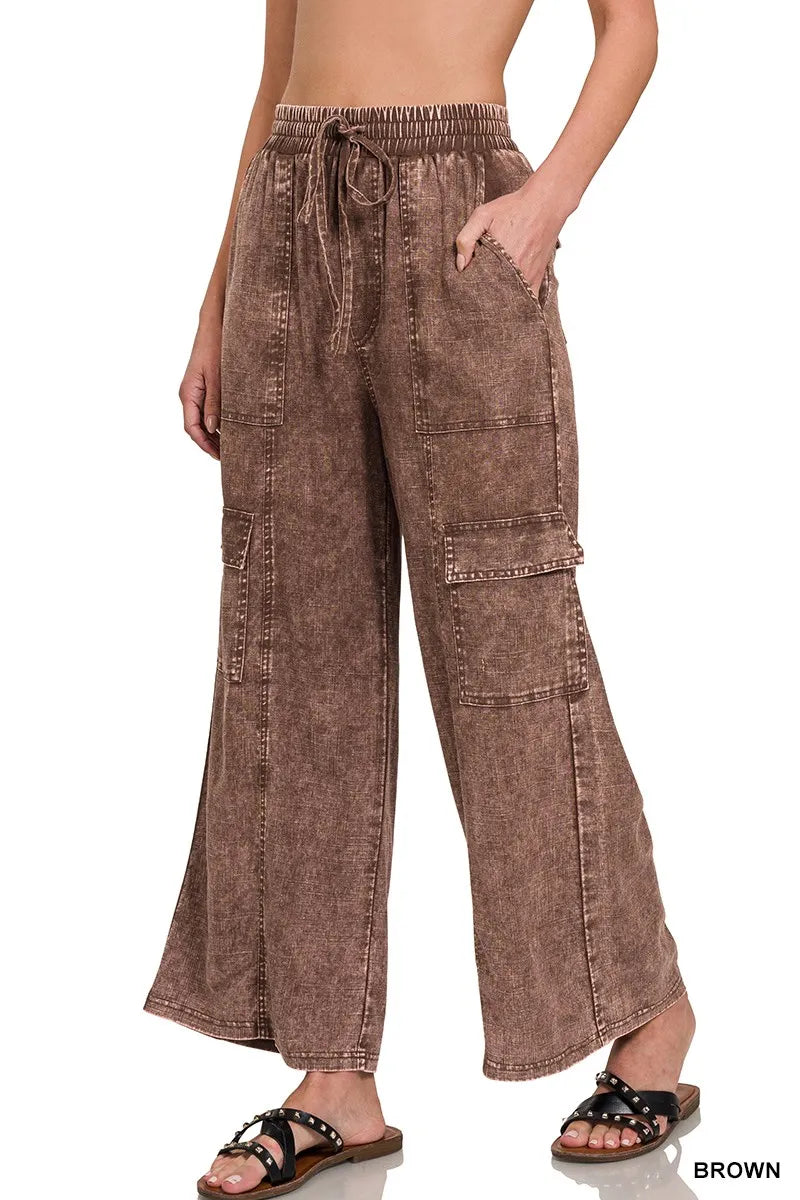 Zenana Brown Washed Linen Elastic Band Waist Cargo Pants BROWN