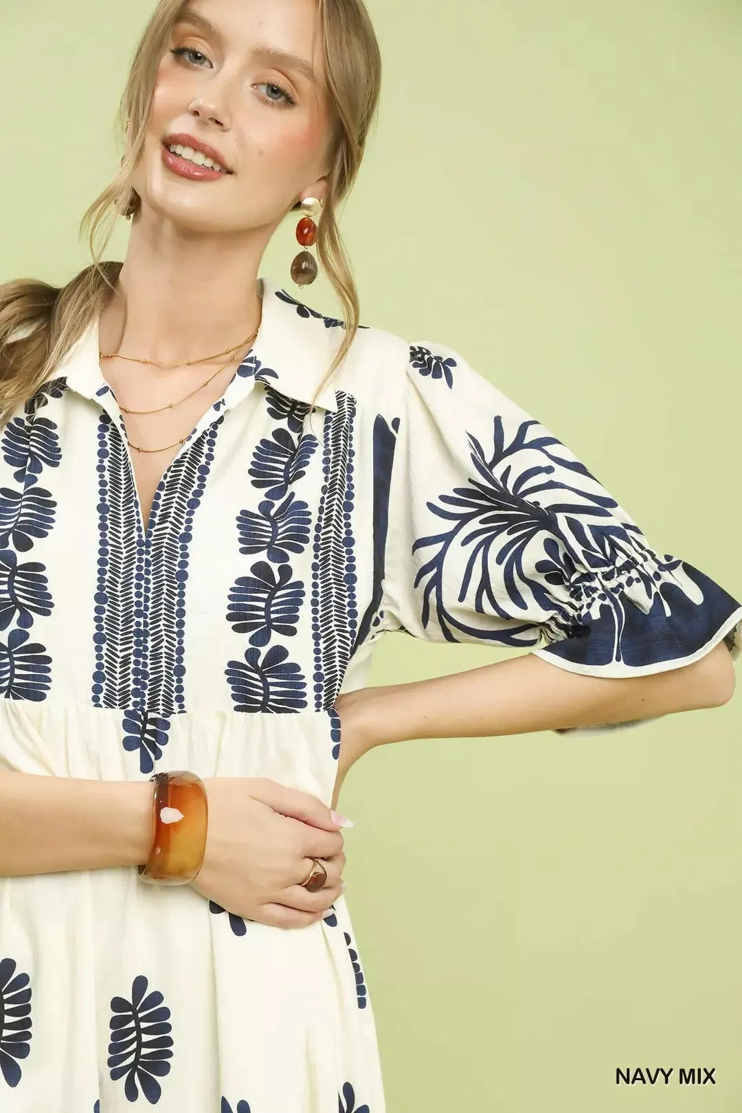 Umgee Navy Mix Border Print Midi Dress with Puff Sleeves