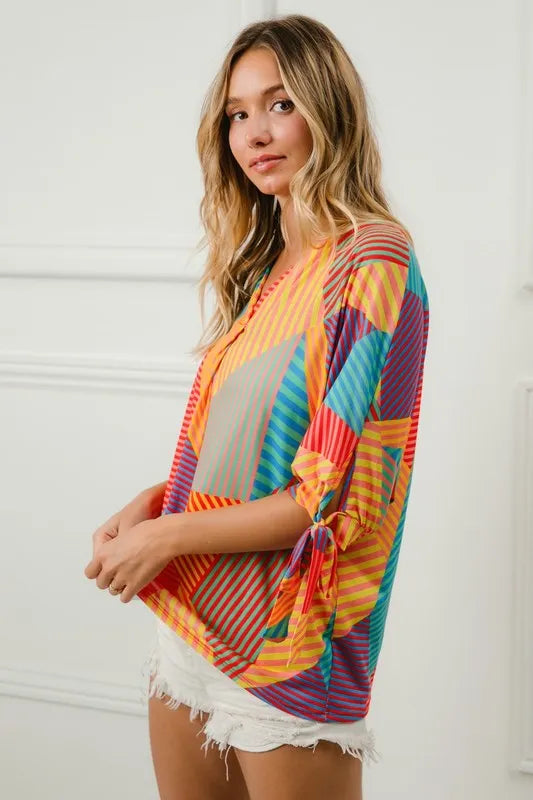 BiBi Multi Color Stripe Block Printed Jersey Blouse with Tied Sleeves
