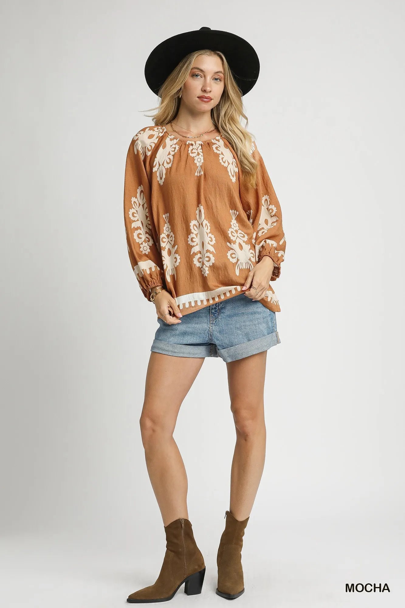 Umgee Mocha Two Tone Boho Border Print Top with Balloon Sleeves