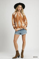 Umgee Mocha Two Tone Boho Border Print Top with Balloon Sleeves