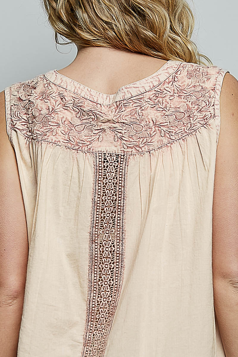 POL Blush Button Down Round Neck Tank with Crochet Contrast