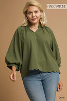 Umgee Olive Textured Notched Scallop Hem Balloon Sleeve Blouse